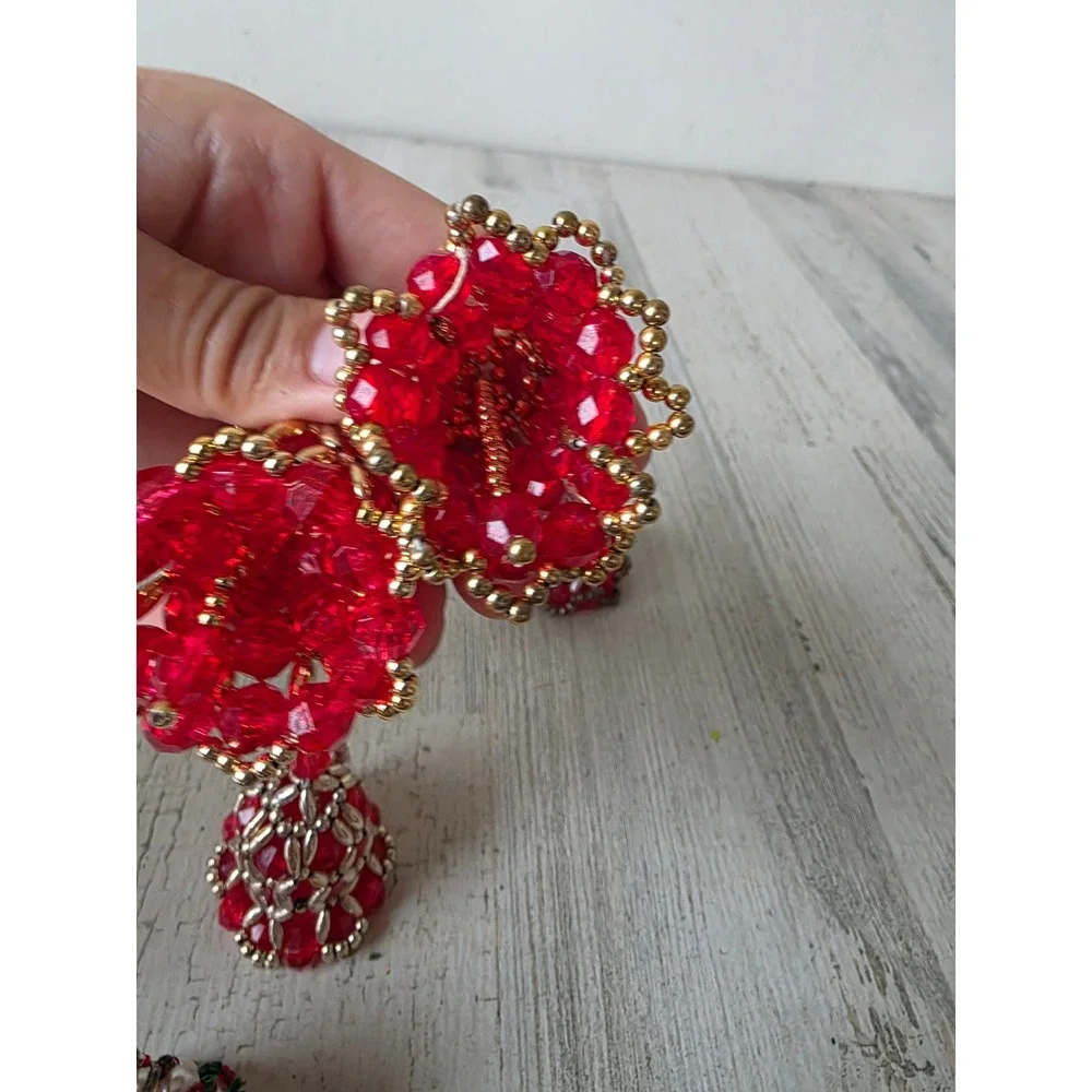 Vintage beaded Bell set ornament red Pearl Xmas gold tree